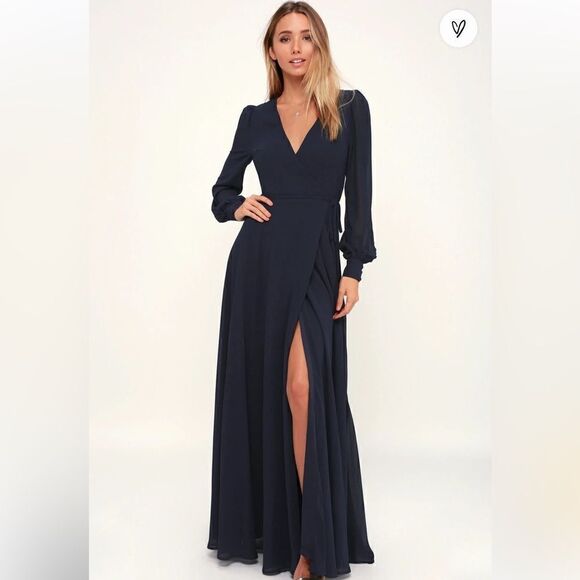 Lulus My Whole Heart Dark Navy Blue Long Sleeve Wrap Dress Sz- Small - Picture 2 of 16